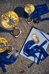 High angle view of glasses on table