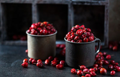 Dried rosehip fruits on the table