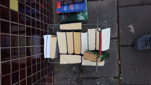 High angle view of stack of books