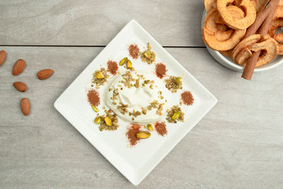 High angle view of breakfast on table