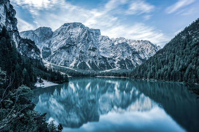 Scenic view of lake and snowcapped mountains against sky