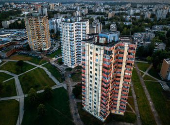 High angle view of buildings in city