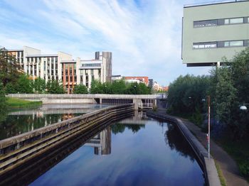 Reflection of buildings in lake against sky in city