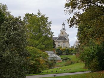 Statue amidst trees and buildings against sky