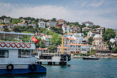 Boats in river by townscape against sky