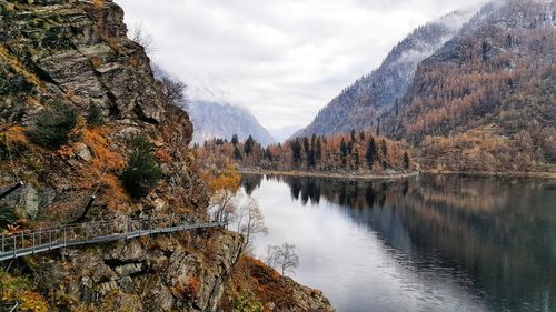 Panoramic view of lake and mountains against sky