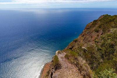 High angle view of sea shore against sky