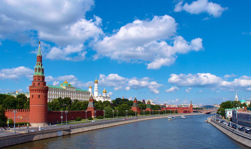 The moscow kremlin  from moskva river in moscow, russia. june 13, 2018.