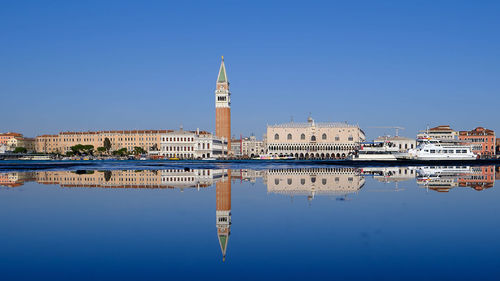 Reflection of buildings in city against clear blue sky