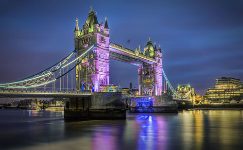 Tower bridge over thames river against cloudy sky in city at dusk