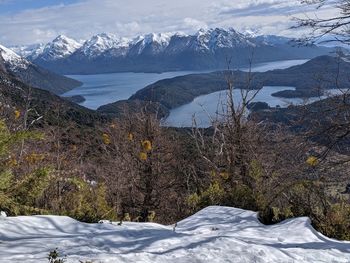 Scenic view of snow covered mountains against sky