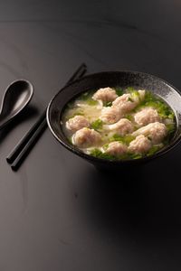 High angle view of food in bowl on table