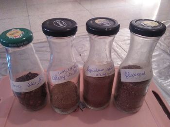 High angle view of bottles on table