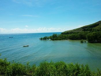 Scenic view of sea against blue sky