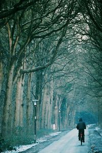 Rear view of woman walking on road