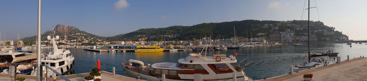 High angle view of boats moored in harbor