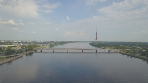 Scenic view of river by buildings against sky