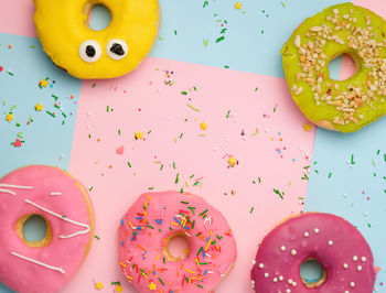 High angle view of multi colored donut on table