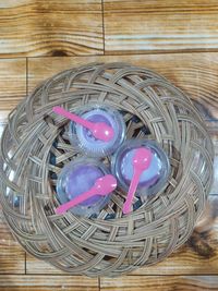 High angle view of ball in basket on table