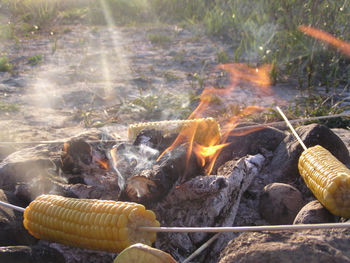 Close-up of fire on barbecue grill