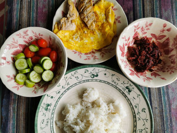 High angle view of breakfast served on table