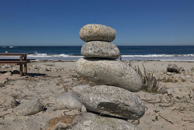 Stack of stones on beach against clear sky