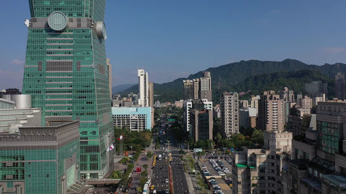 High angle view of buildings against sky