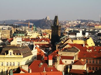 High angle view of houses in city