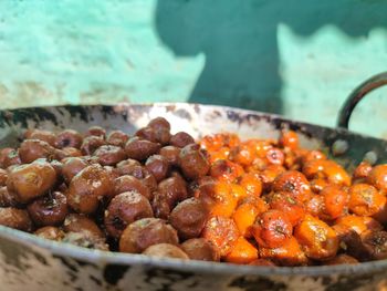 High angle view of meat in container