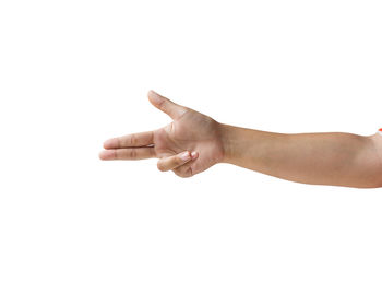 Low angle view of human hand against white background