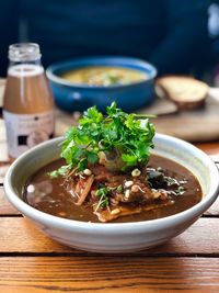 Close-up of soup in bowl on table