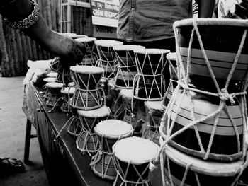 Close-up of drums for sale