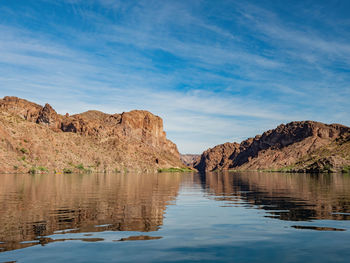 Scenic view of lake and rock formations against sky