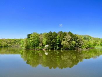 Scenic view of lake against clear blue sky