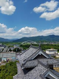 High angle view of buildings against cloudy sky