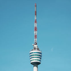 Low angle view of security camera against clear blue background