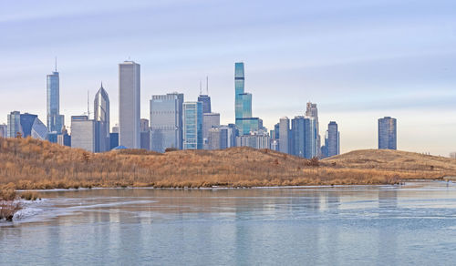Chicago rising from the prairie at northerly island park in chicago