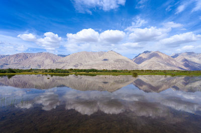 Scenic view of lake and mountains against sky