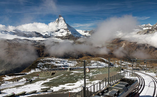 Scenic view of snow covered mountains against sky