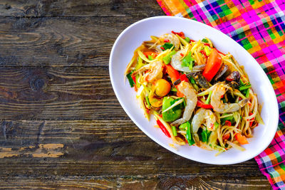 High angle view of salad in bowl on table