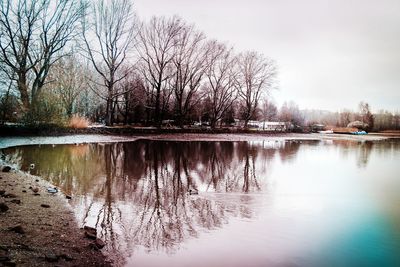 Reflection of bare trees in lake against sky