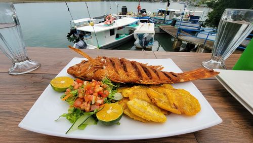 High angle view of food on table in restaurant