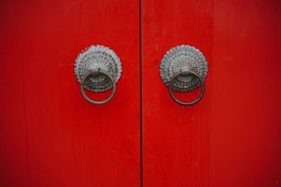 Close up of red door