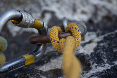 High angle view of rope tied over harness on rock