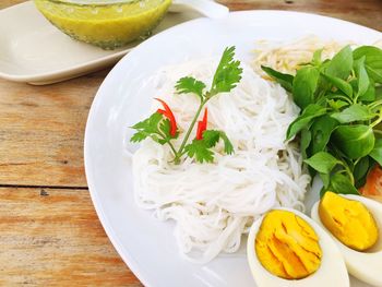 High angle view of food in plate on table