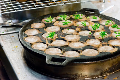 High angle view of food being cooked in container
