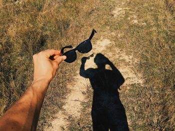 Cropped image of hand holding sunglasses with shadow falling on field