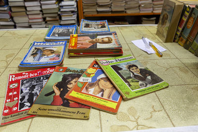 High angle view of books on table