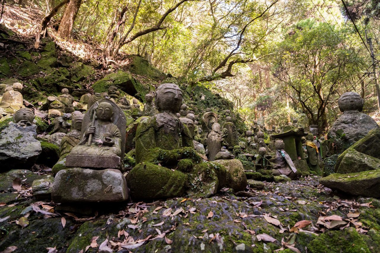 STATUE BY ROCKS IN FOREST