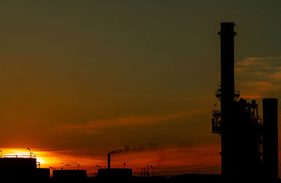 Silhouette factory against sky during sunset